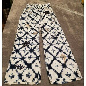 Skemo Womens Small Mid-Rise Wide Leg Pants Embroidered Beads Tie Dye Blue